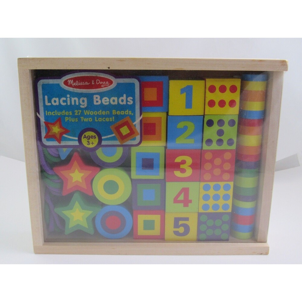 Melissa & Doug Wooden Lacing Beads - 27 Colorful Shapes & Numbers,‎ Ages 3+ New!